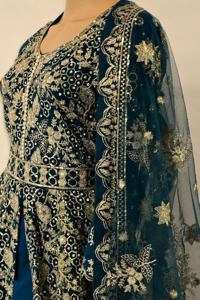 Floor length maxi dress in net | Jade Blue