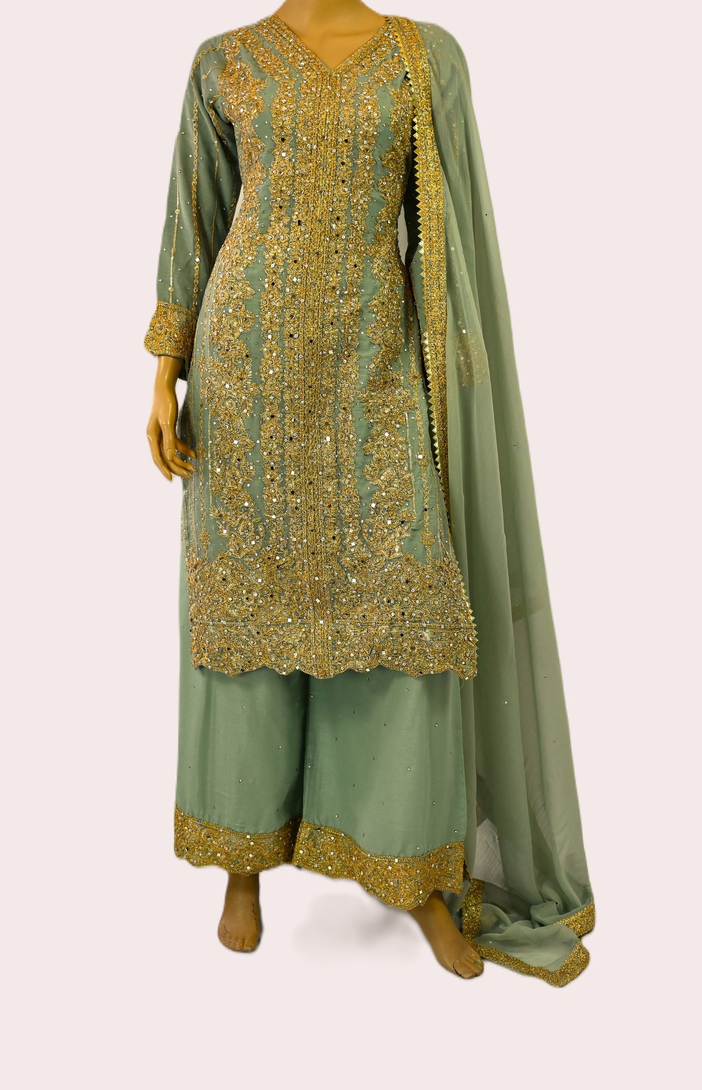 Palazzo Straight cut wide leg Salwar kameez suit | chiffon | light green