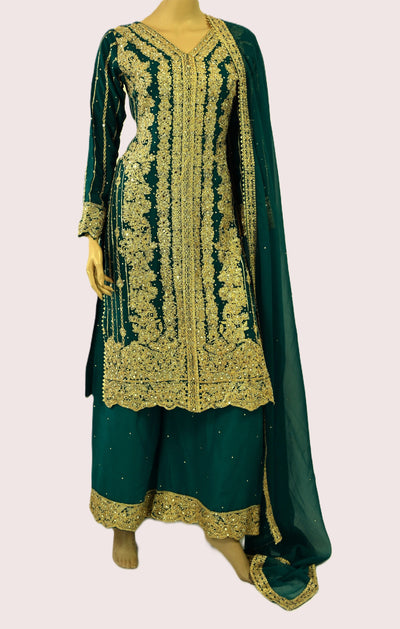 Palazzo Straight cut wide leg Salwar kameez suit | chiffon | Jade Green