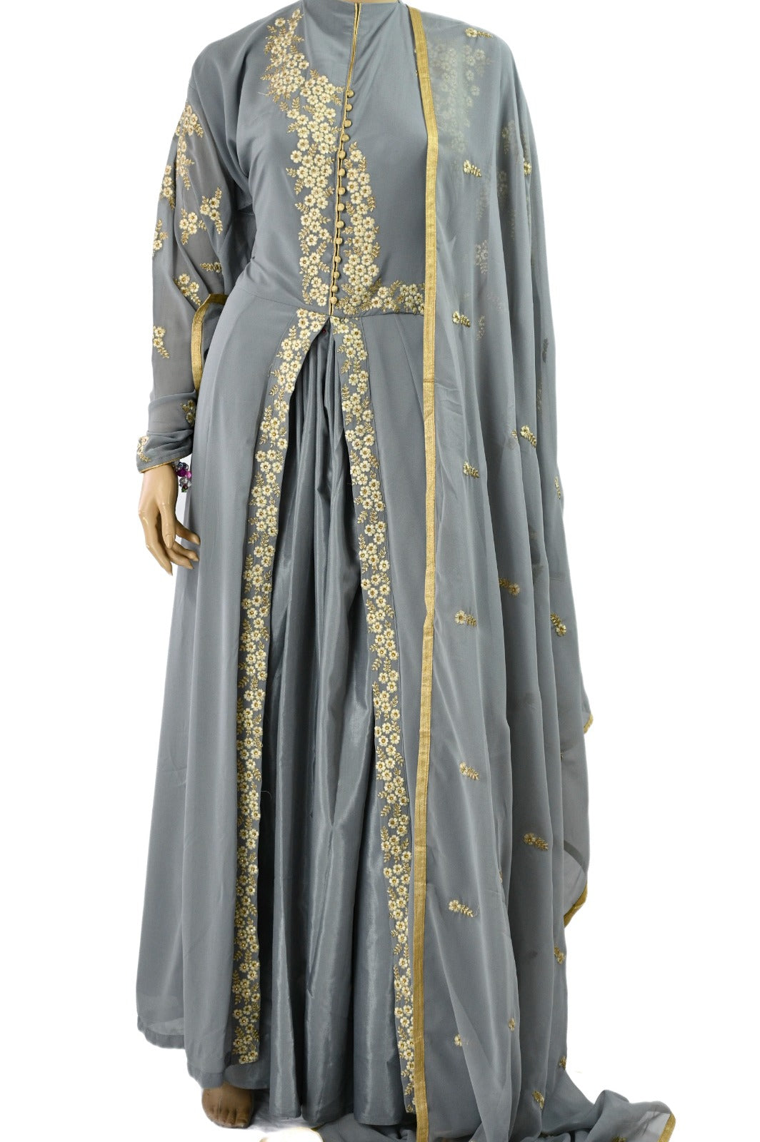 Semi Stitched Embroidered grey Anarkali dress