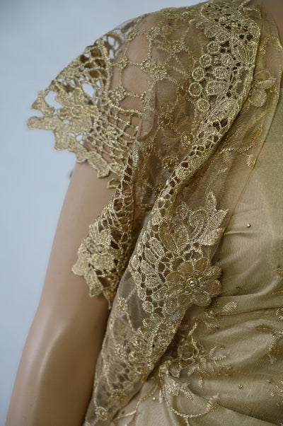 Gold Unstitched Embroidered Net lace Maxi Anarkali Dress