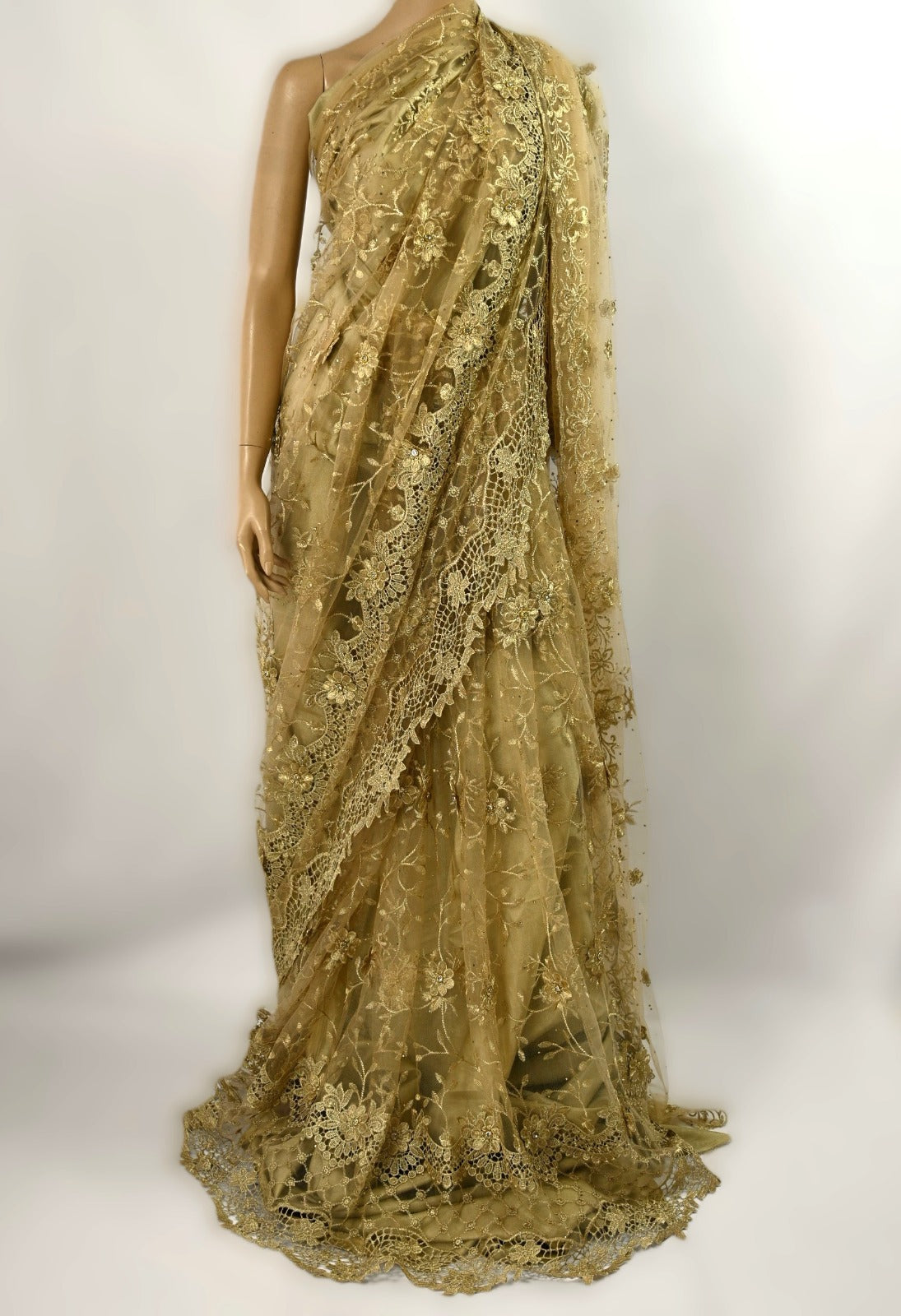 Gold Unstitched Embroidered Net lace Maxi Anarkali Dress