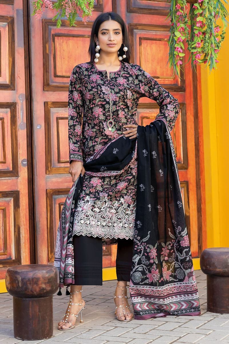 Khaadi original Lawn | Embroidered 3 Piece unstitched suit | Black