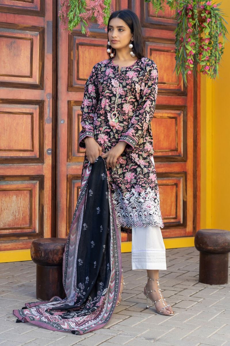 Khaadi original Lawn | Embroidered 3 Piece unstitched suit | Black
