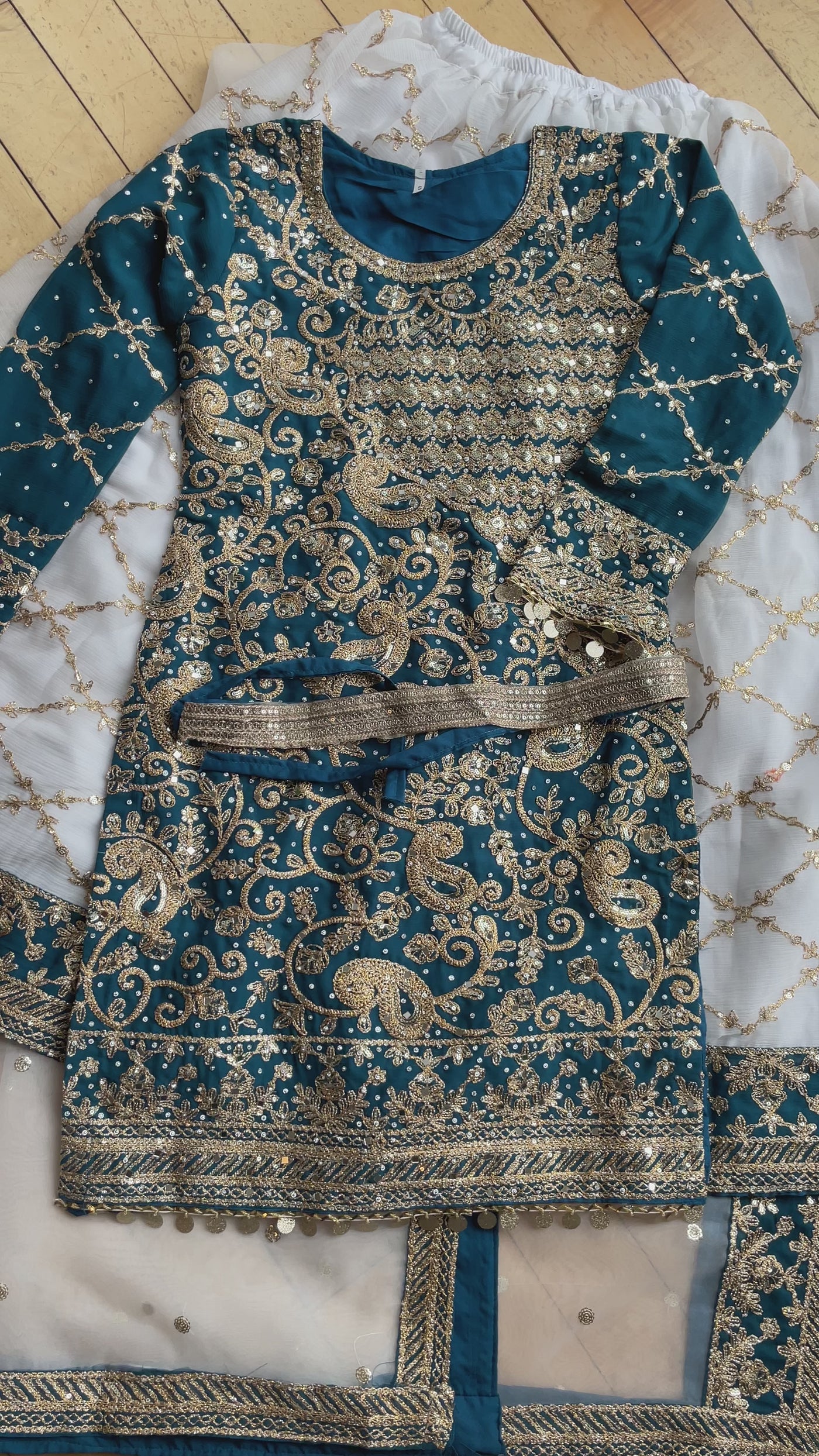 teal blue top with heavy Gold embroidery Sharara suit