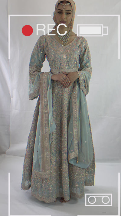 Fully embroidered Anarkali Maxi dress dusty blue