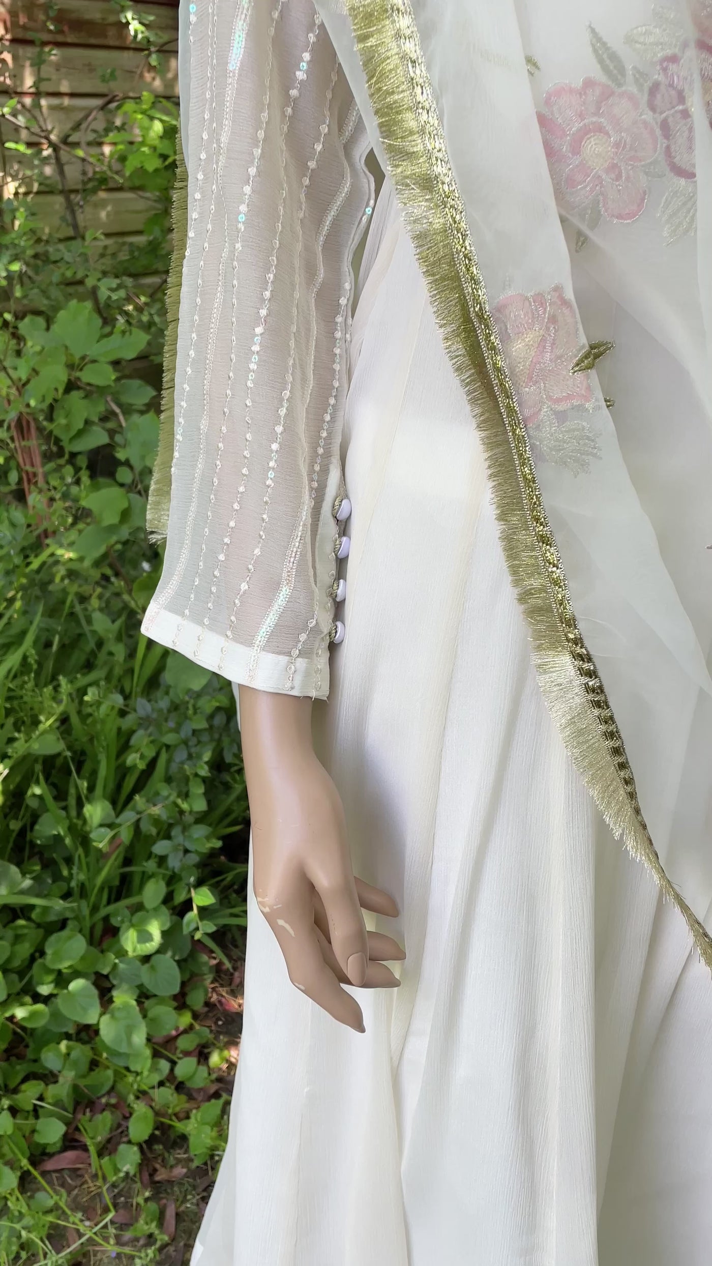 Ready Made  A-Line dress in off white/ivory with button detailing on neck and sleeves