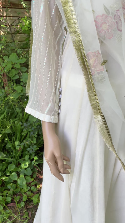 Ready Made  A-Line dress in off white/ivory with button detailing on neck and sleeves